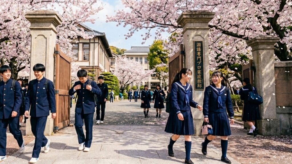 数人の生徒たちが桜舞い散る校門から下校するシーン。入学式や始業式の日によく見られる風景
